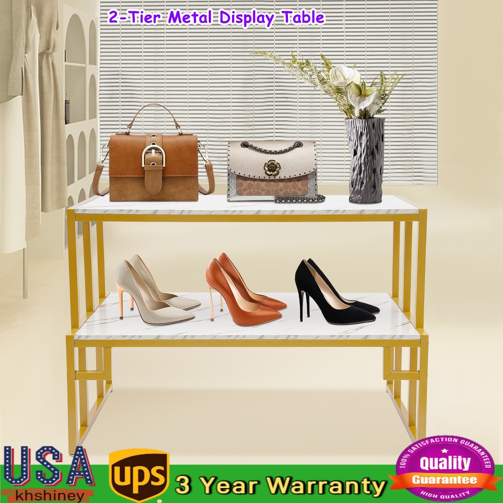 Gold and White Table Stand 2-Tier Metal Floor-standing Display Storage Shelf