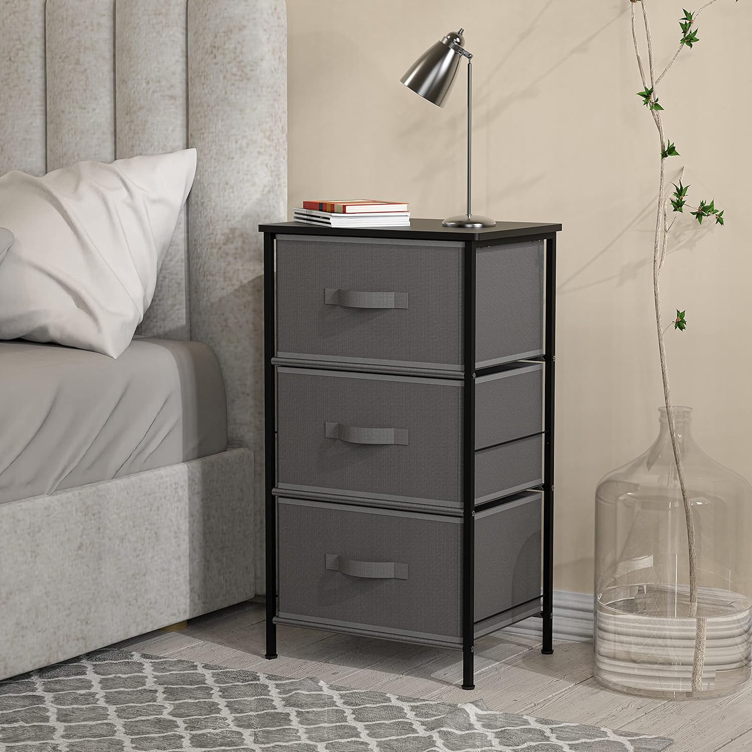 3 Drawer Nightstand Dresser with Wood Top, Dark Grey