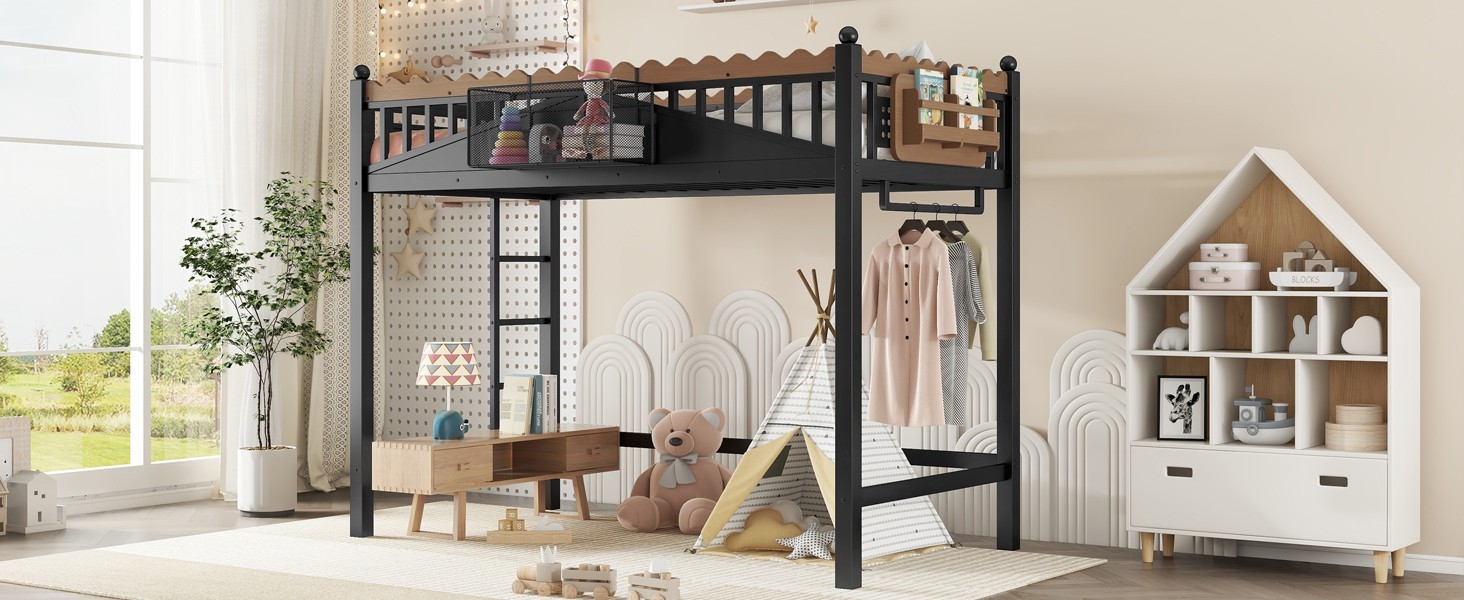 Twin XL Size Metal Loft Bed with Ladders, Storage Shelves and Bookshelf Black