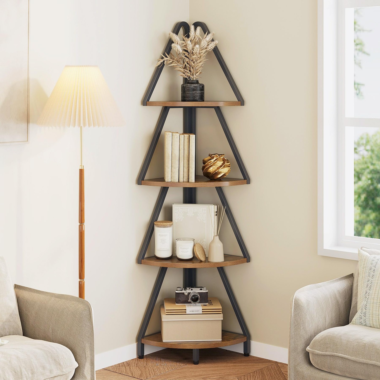 4Tier Corner Shelf Stand 53.1 Inch Tall Narrow Display Bookcase Rack Brown