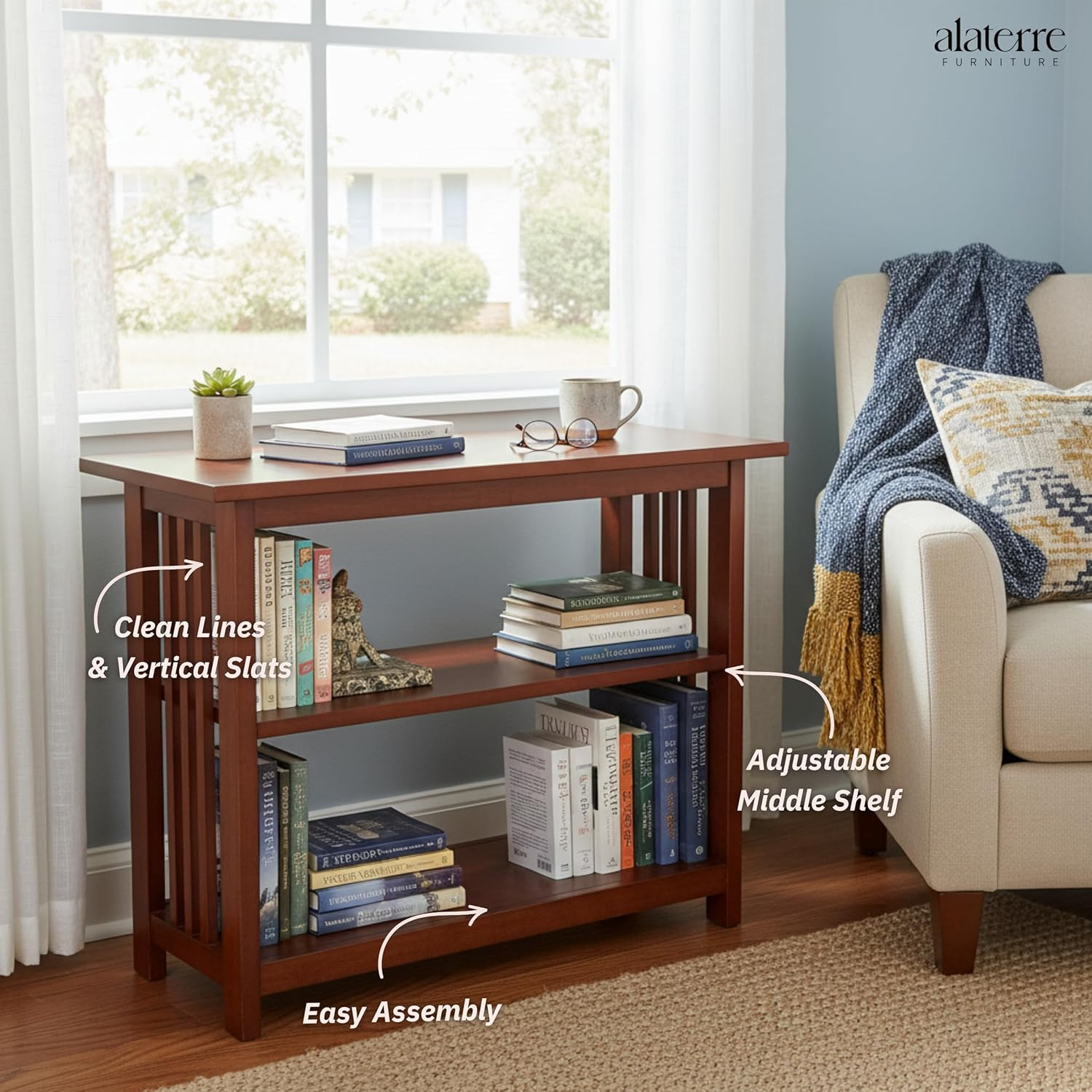 Alaterre Cherry Artisan Under Window Bookshelf – Stylish Storage Solution
