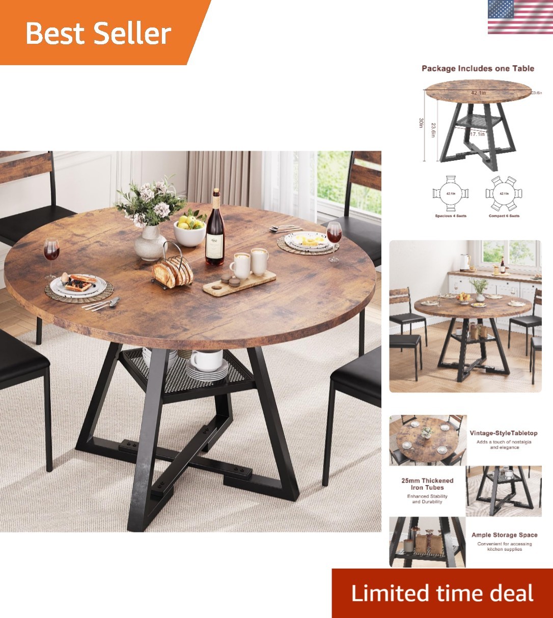 Round Dining Table for 4 6 Space Saving Rustic Wood Kitchen Modern Furniture
