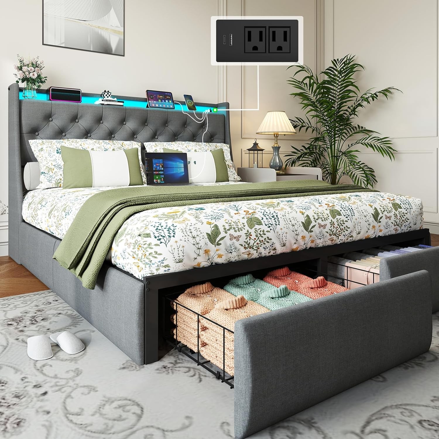 Queen Full Metal Bed Frame with Storage Drawers ,Upholstered Storage Headboard