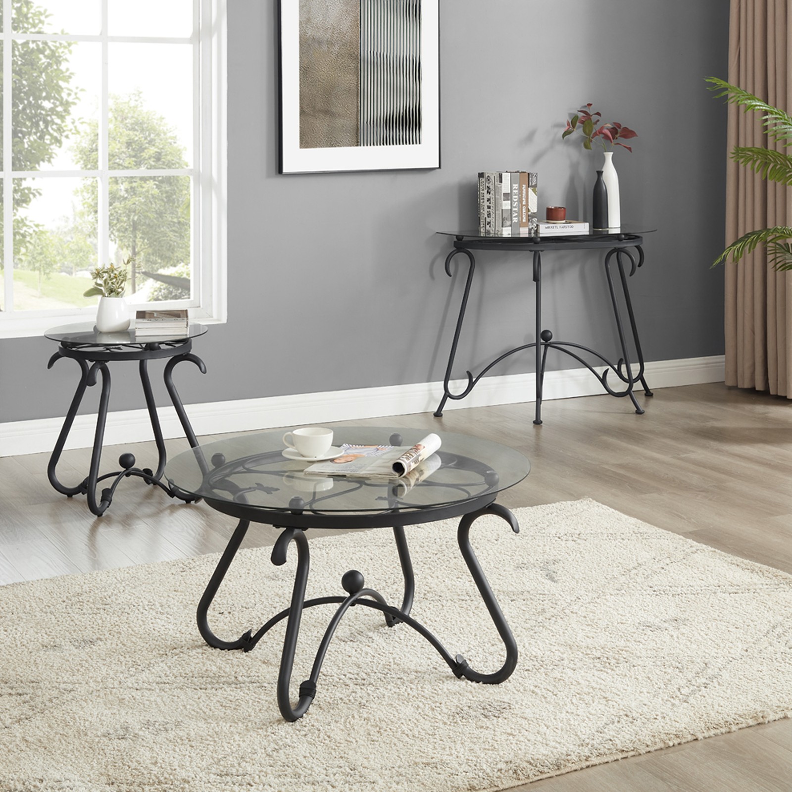 2-Piece Tempered Glass Coffee Table Set Rustic Black Round End Side Tables