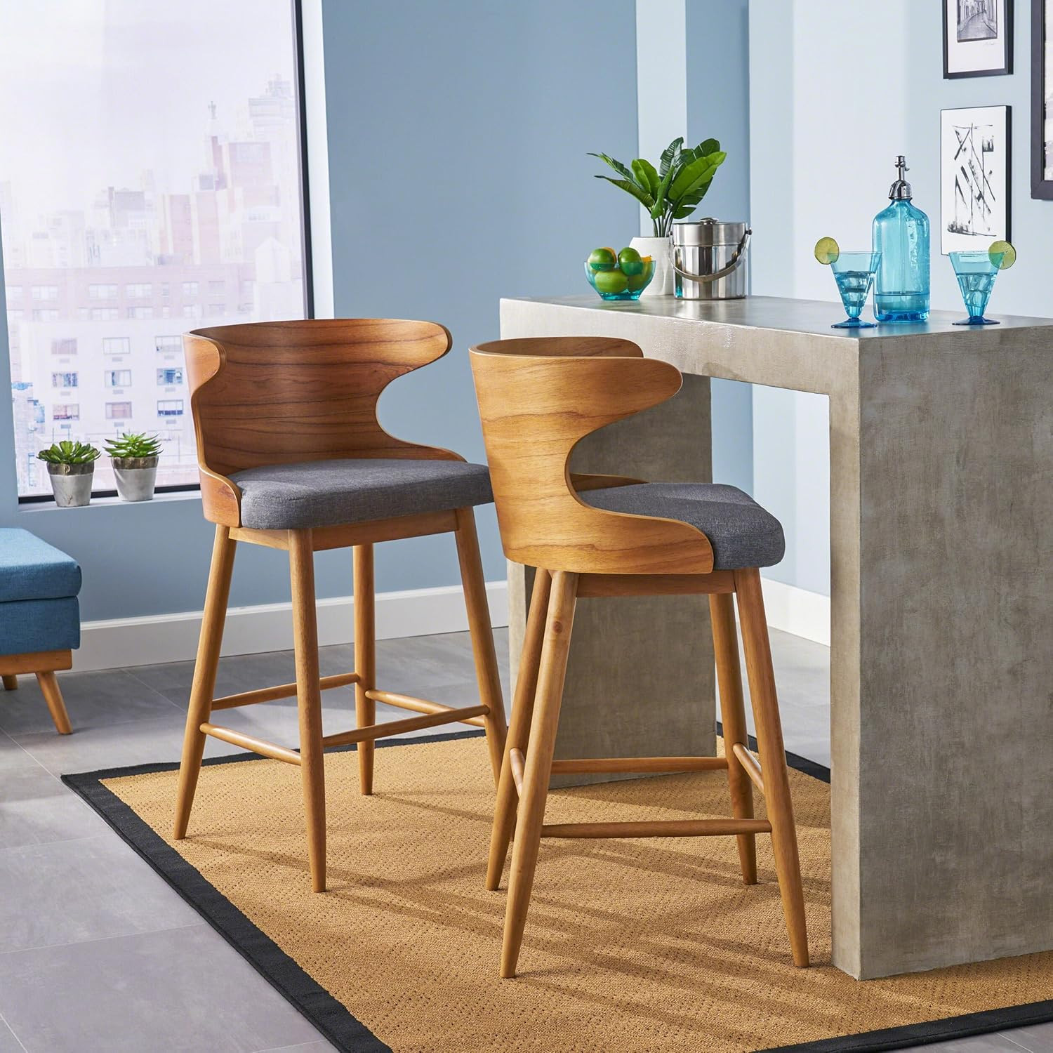 Set of 2 Gray Mid-Century Modern Bar Stools with Rubberwood Legs