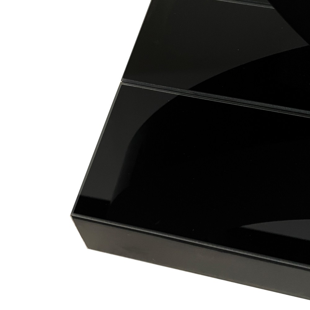 Mirror edge table with hand polished beveled edge and diamond shaped base frame