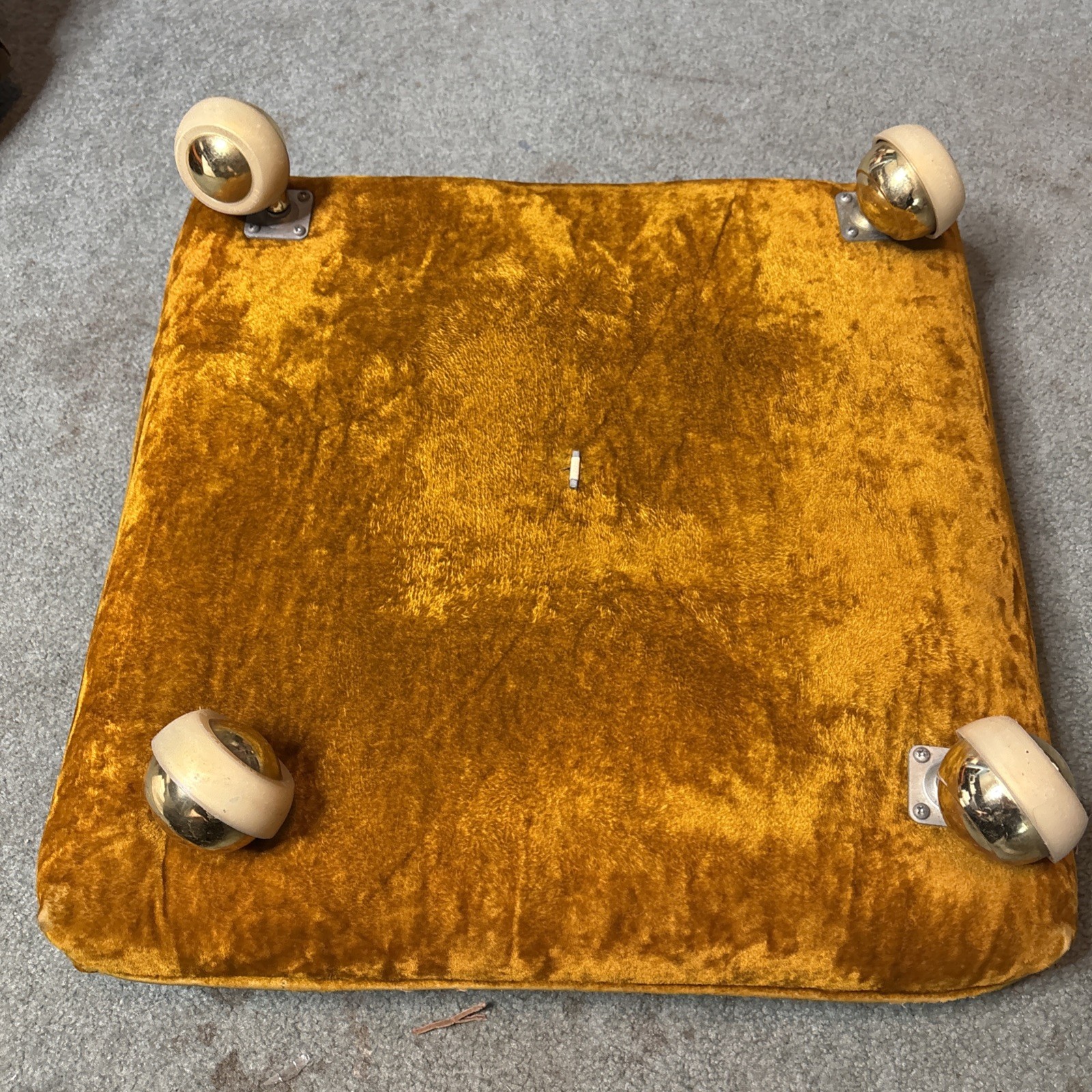 Vtg Mid Century Pillow Ottoman on Wheels Green Orange Gold Velvet Velour MCM
