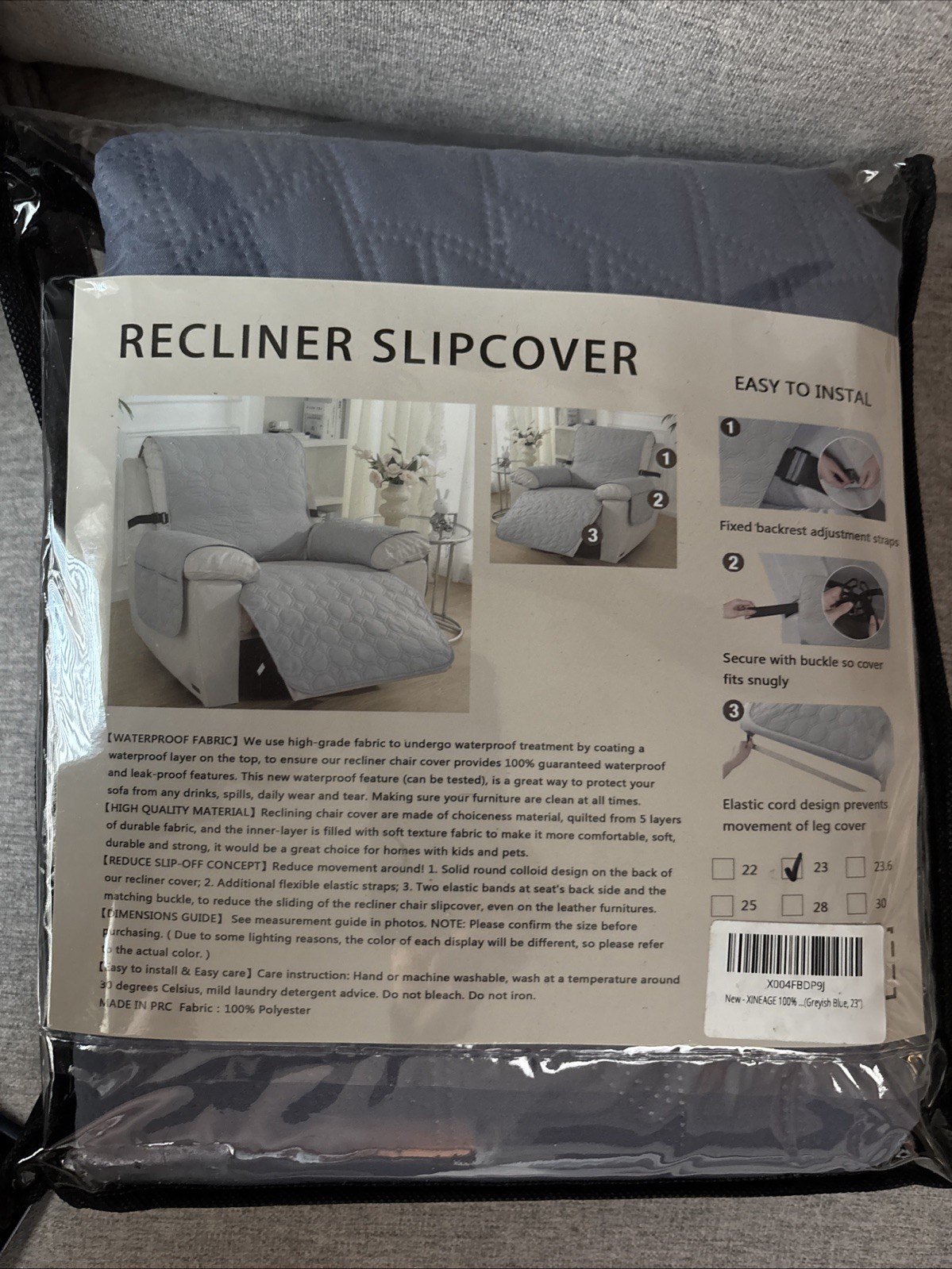 NEW Gray Slip Proof & Waterproof Recliner Cover Easy to Put On & Off 23” Seat