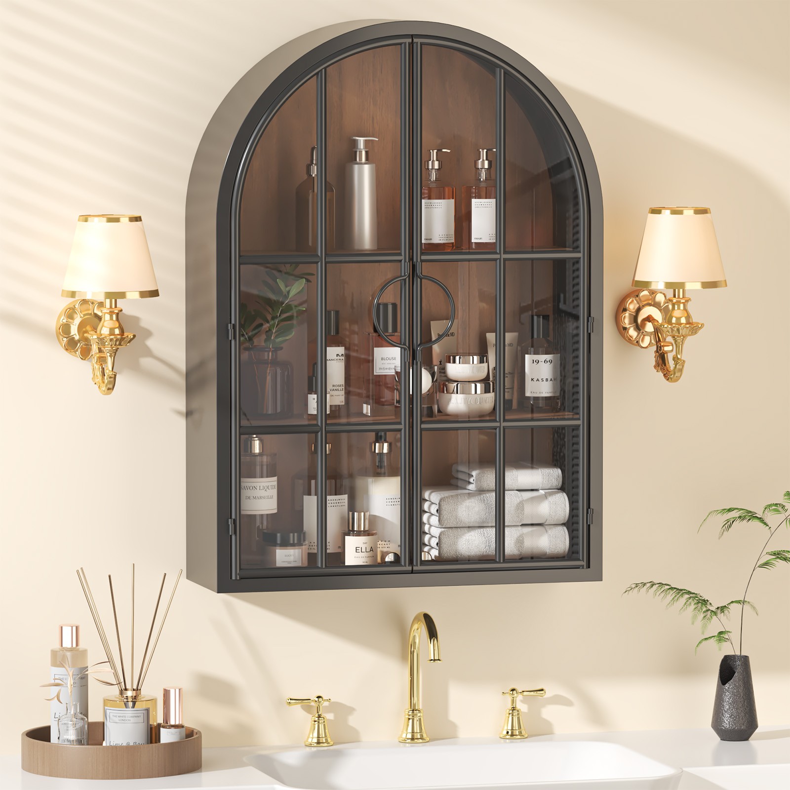 Fully Assembled Floating Storage Cabinet Arched Wall Display Cabinet Glass Door