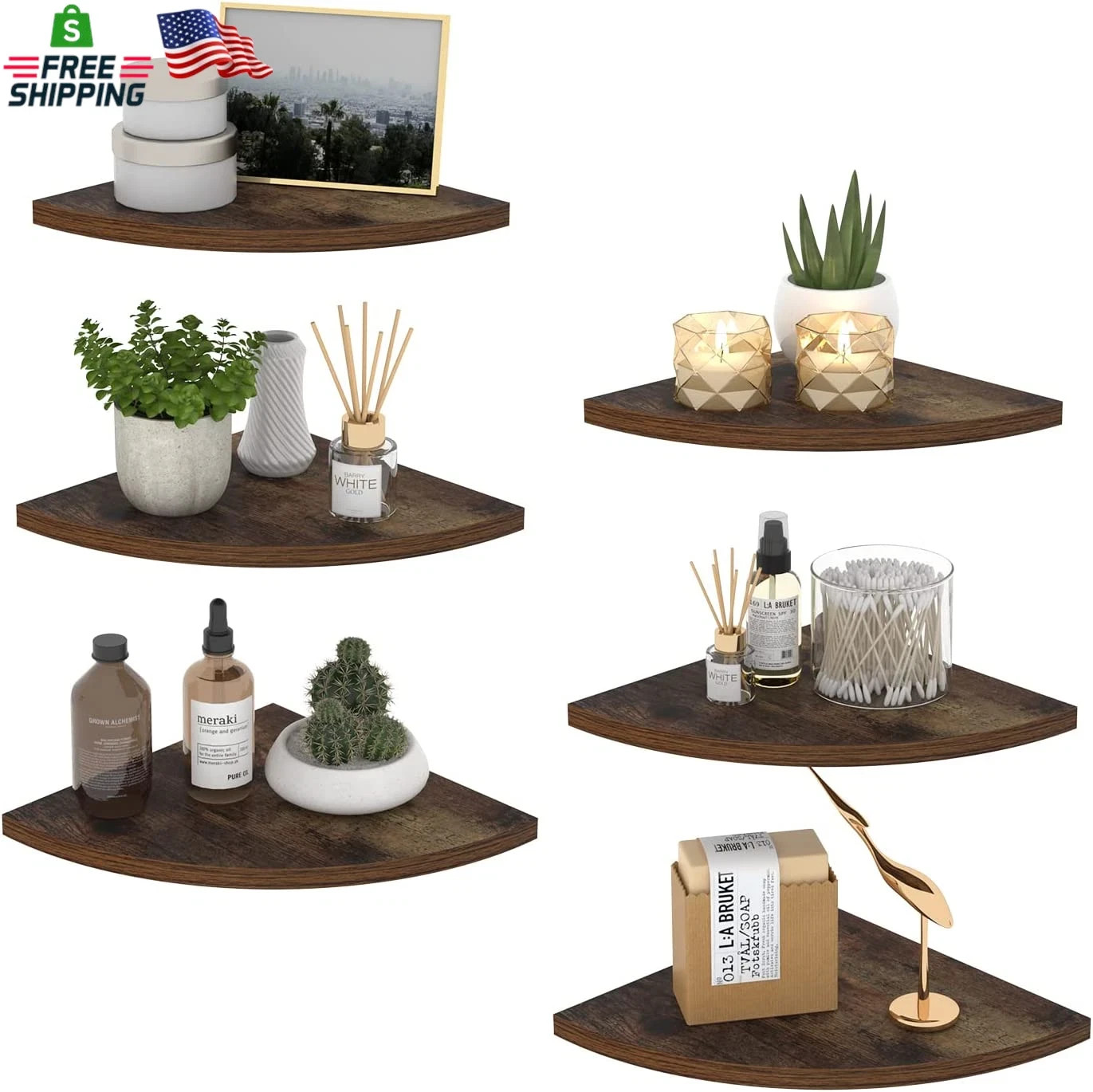 HORLIMER 6 Pack Wall Mount Floating Corner Shelf, Rustic Wood Corner Wall Shelve