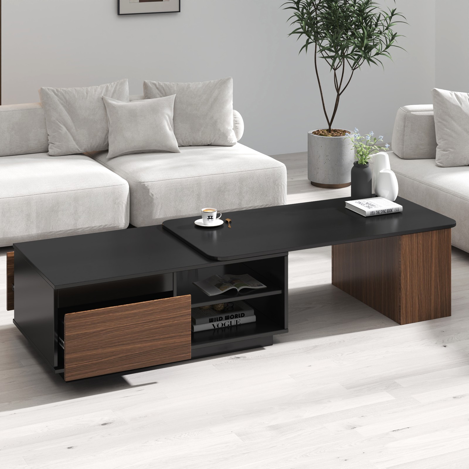 Extendable Coffee Table with 2 Storage Drawers, Adjustable Length