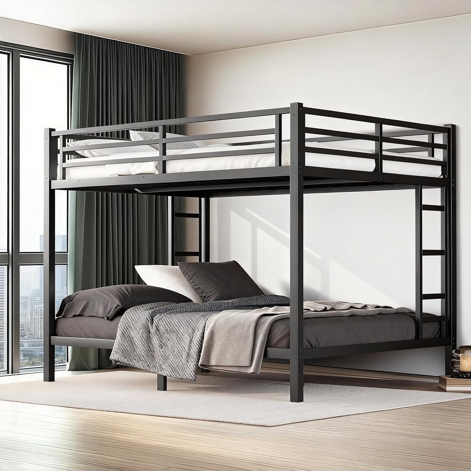 Heavy Duty Queen over Queen Metal Bunk Bed with Ladder & Guardrails – Black