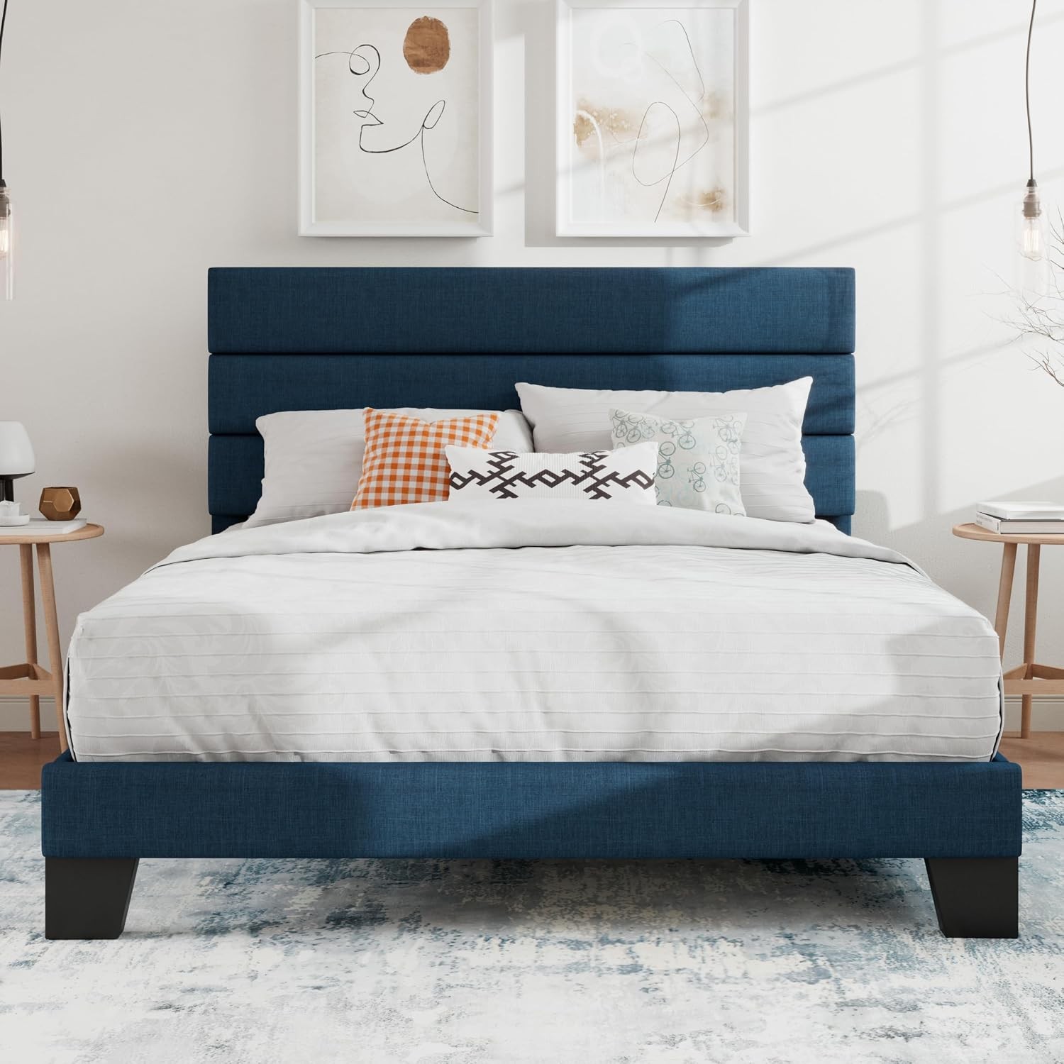 Full Platform Bed Frame with Upholstered Fabric Headboard, Mattress Foundation