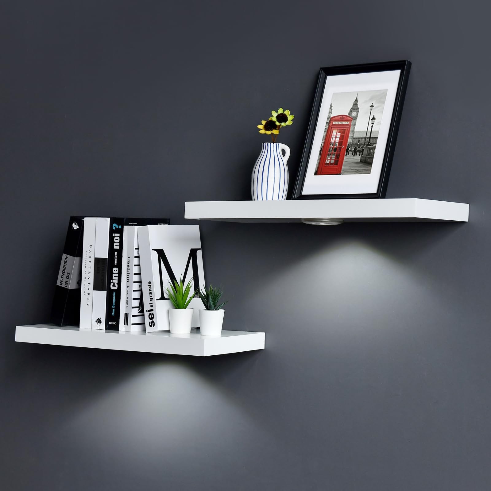 White Floating Shelf with Touch-Sensing Battery Powered LED Light,Wall Mounte…
