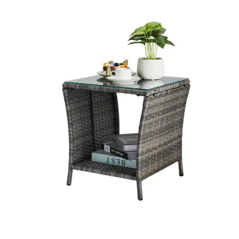 18in Wicker Side Table with Tempered Glass Top, Storage Rattan End Table – Gray