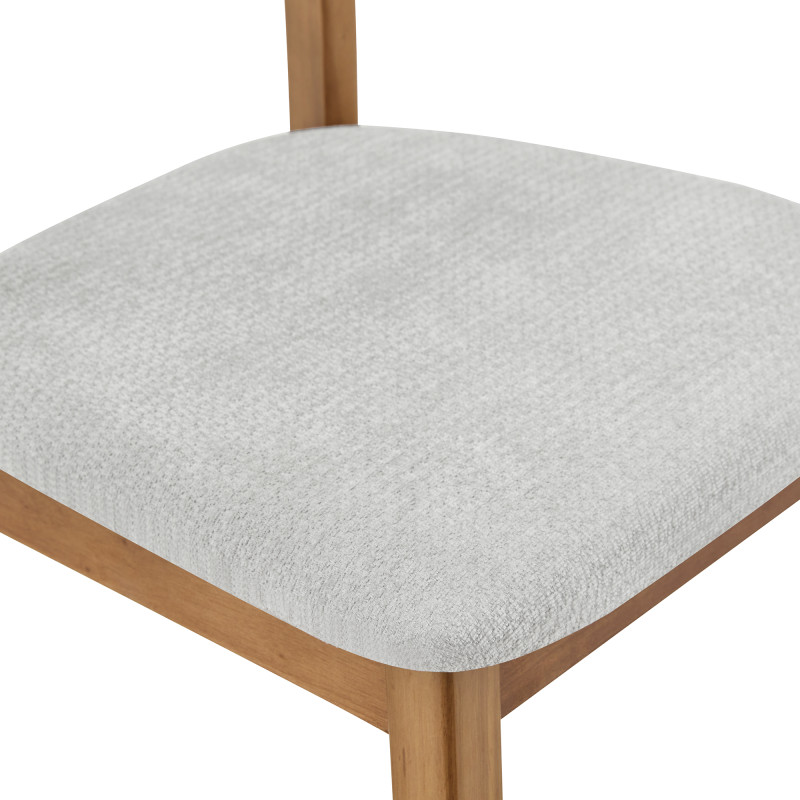 2 walnut colored solid wood dining chairs, with gray breathable fabric wrapped