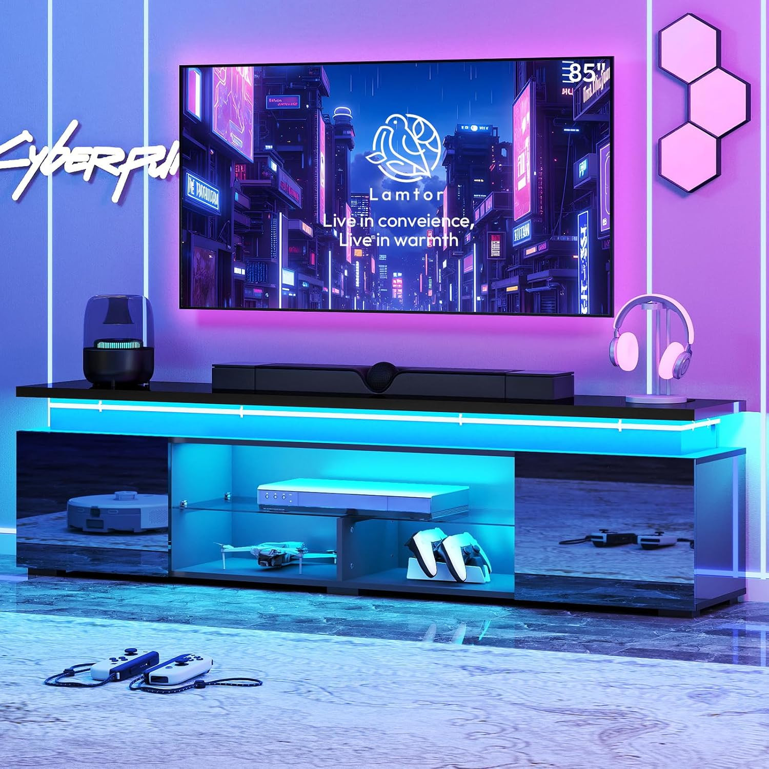 Modern LED TV Stand for 85 Inch TV with Power Outlet and Glass Shelf