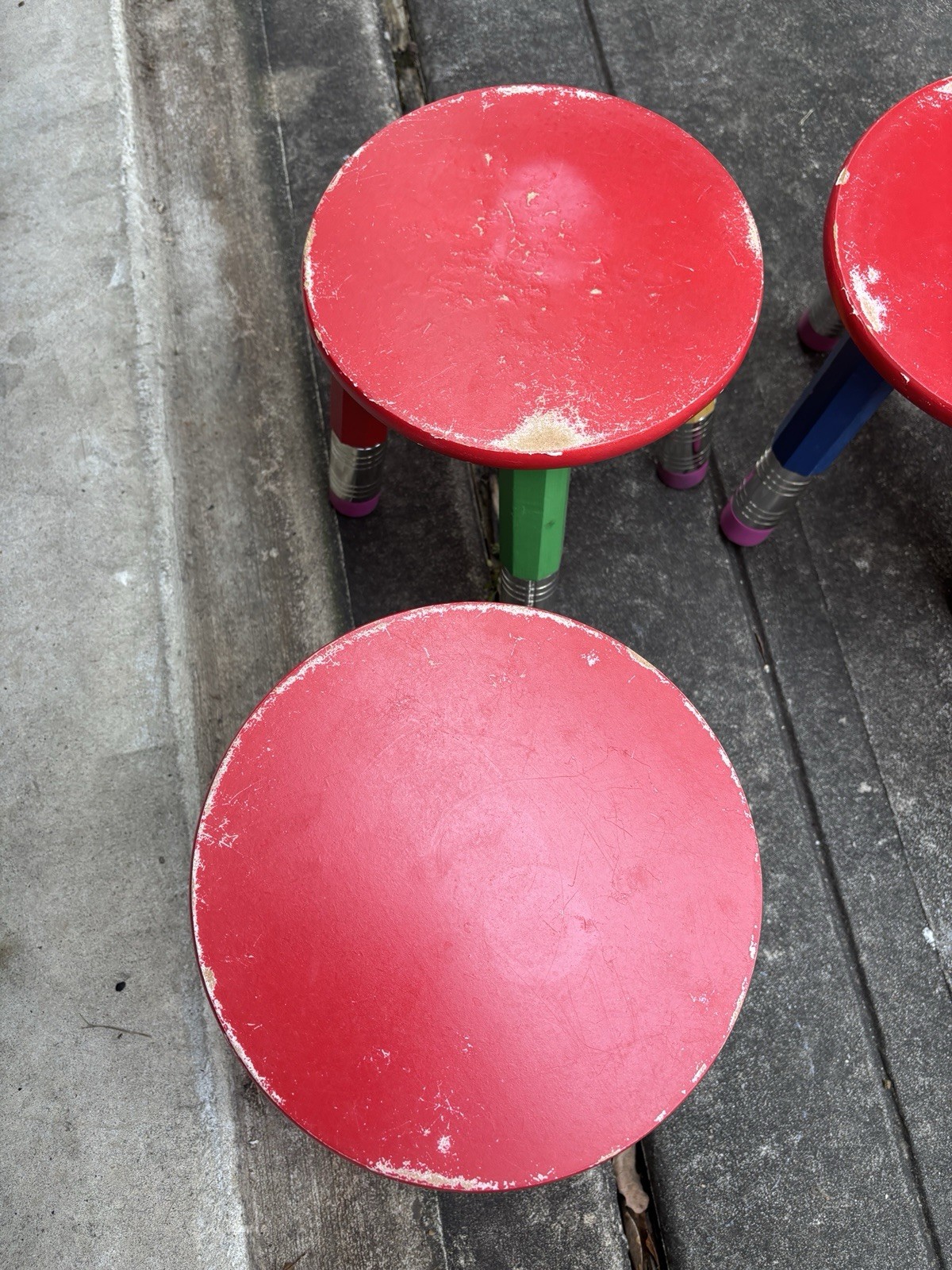 Vintage 1980s 90s Pierre Sala Pencil Wood Multicolored Stool Kids Chair Set Of 4