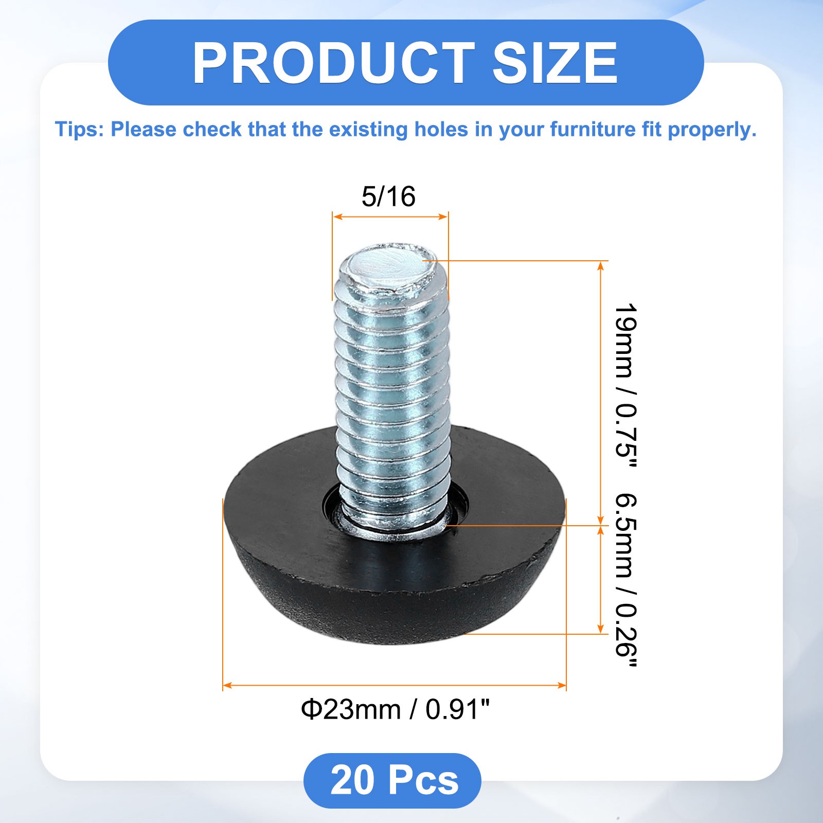 20Pcs 5/16 Thread Furniture Feet Levelers 23×19 Adjustable Leveling Screw Black