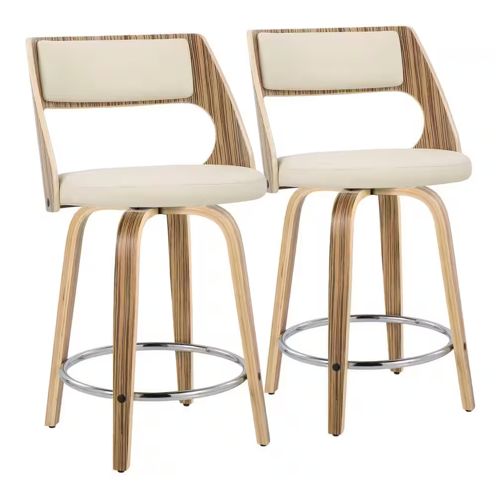 Cecina 24.5 In. Cream Faux Leather, Zebra Wood, Chrome Metal Fixed-Height Counte