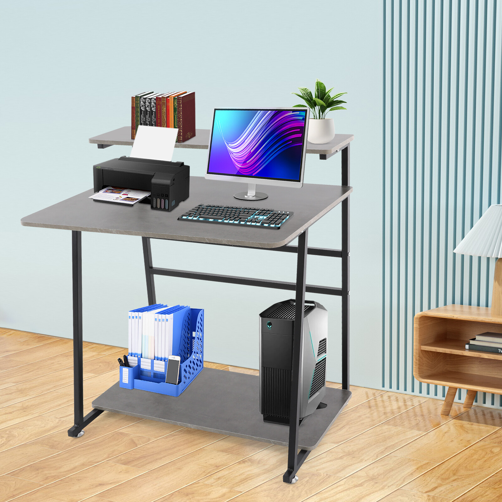 3-tier Computer Desk, Home Office Desk, Rolling Computer Desk, Black, Grey