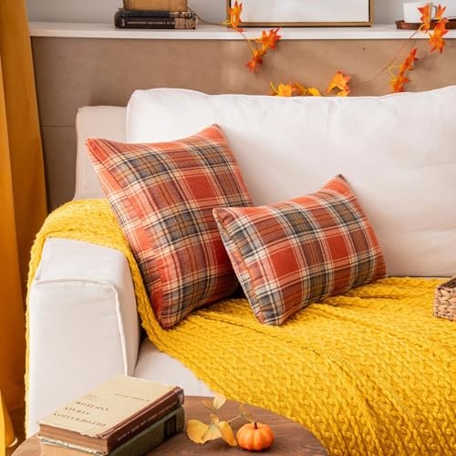 Fall Plaid Throw Pillow Covers 12×20 Inch Set of 18″ x 18″ (Pack of 2) Orange