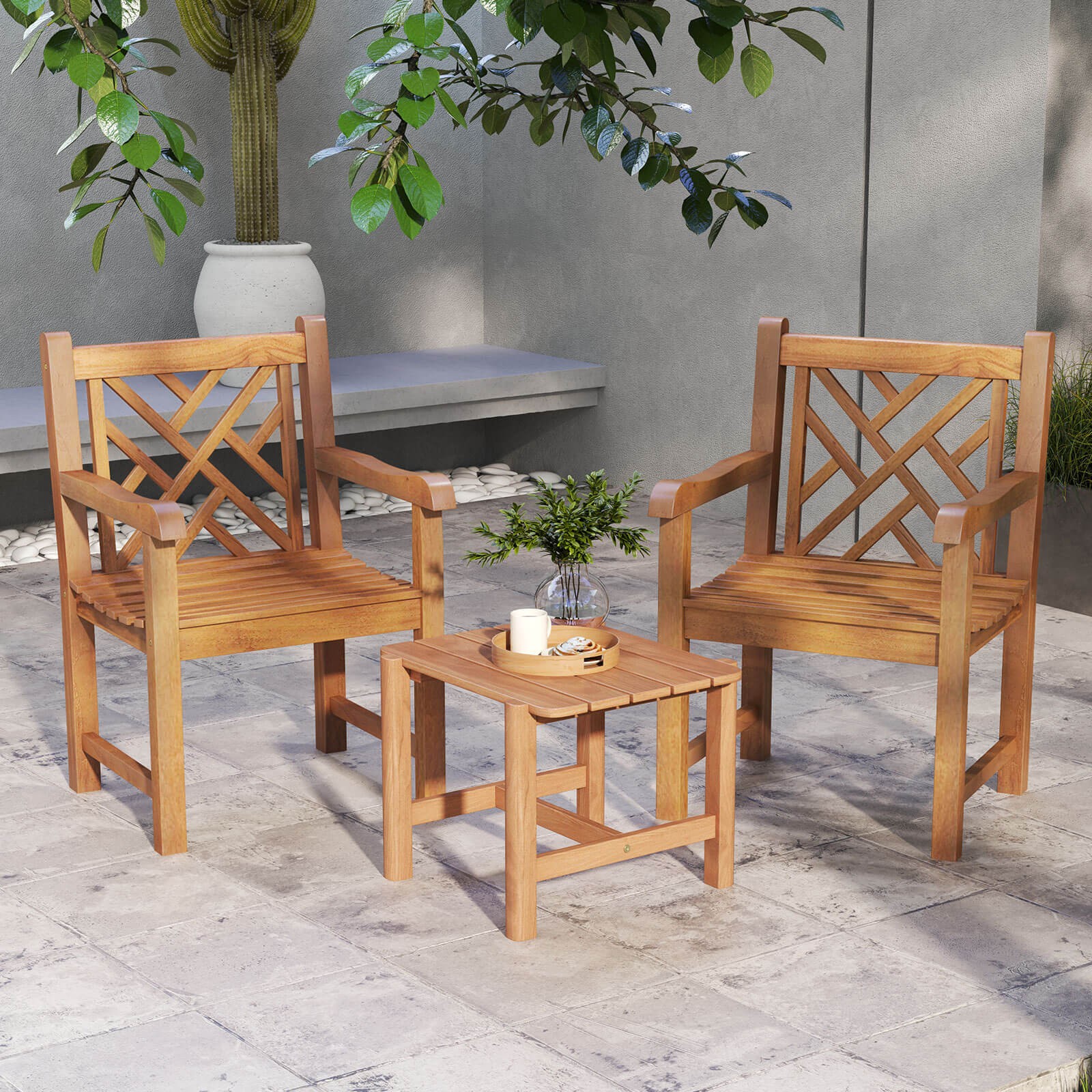 Teak Wood Patio Dining Chair Outdoor Armchair with Slatted Seat & Solid Legs