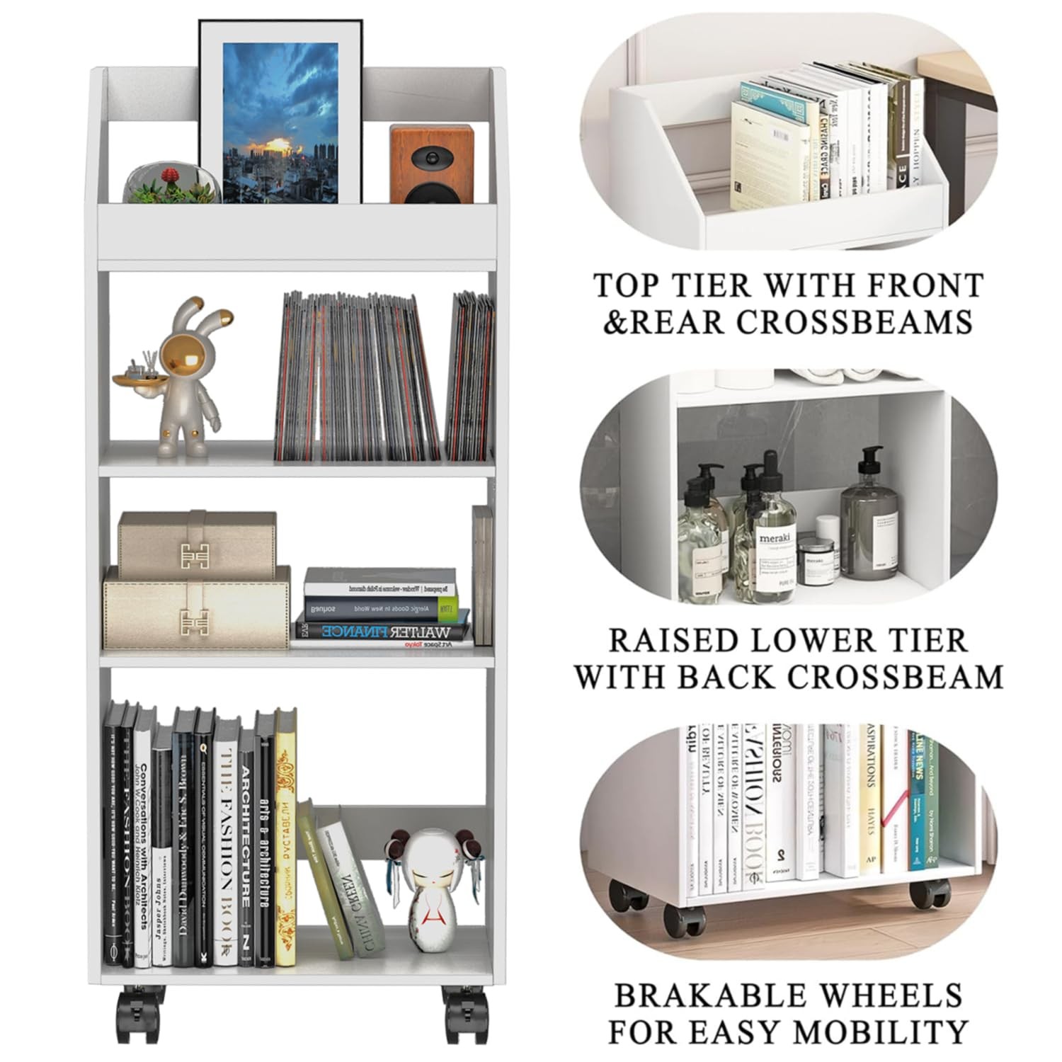 4-Tier Mobile Bookshelf Under Desk 34.6”H