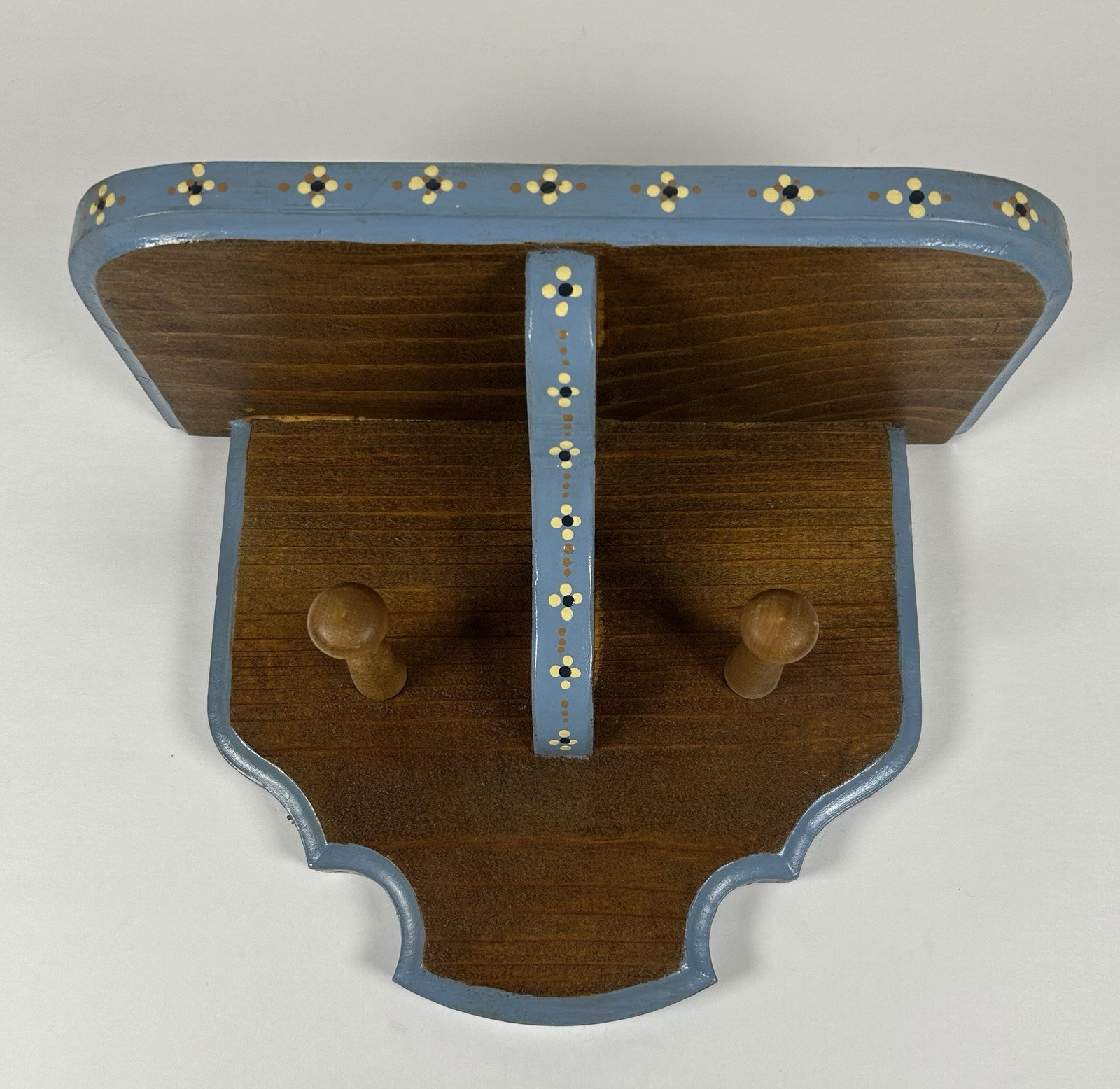 Wooden Decorative Wall Shelf Hand Painted Flowers Hooks Cottagecore 9.75″