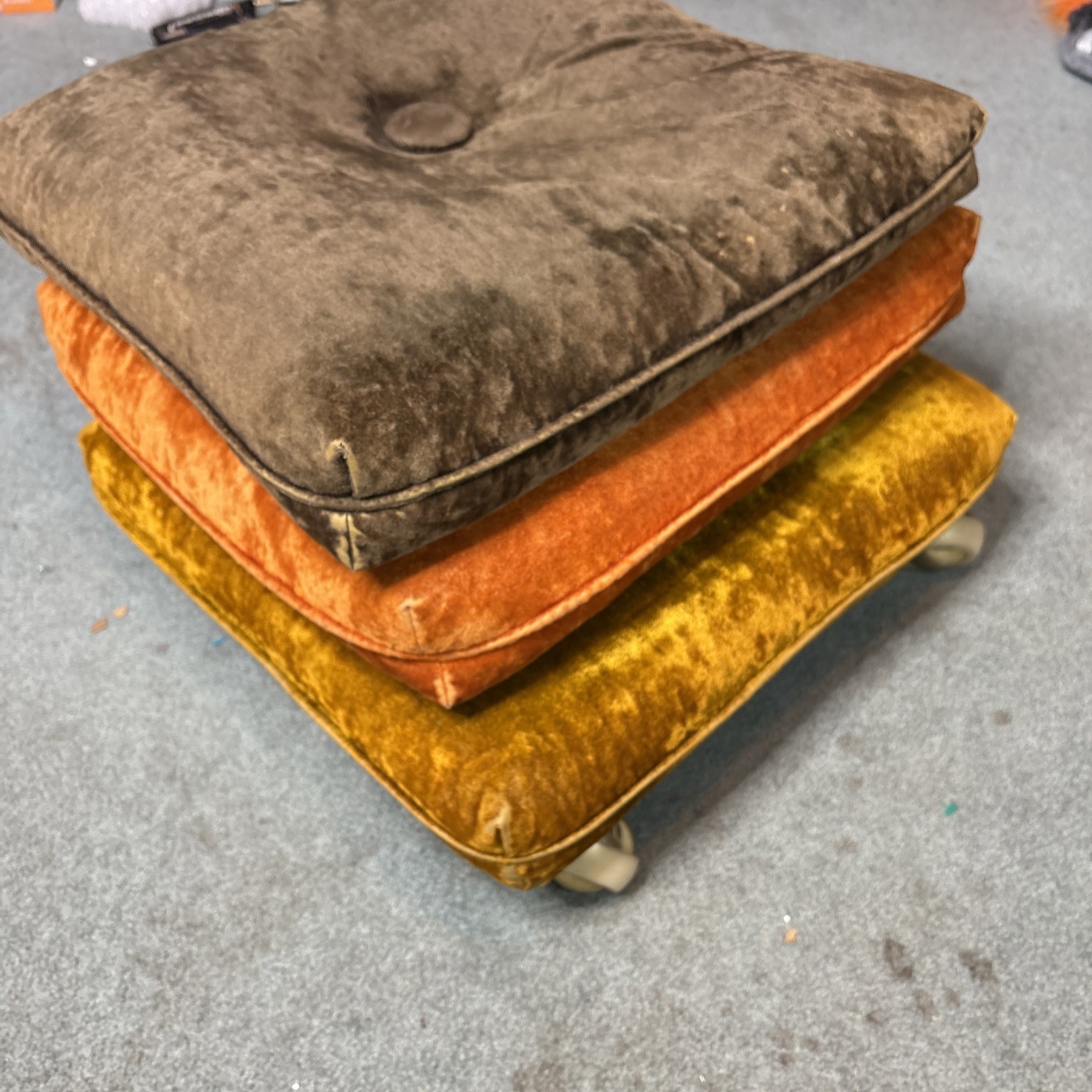Vtg Mid Century Pillow Ottoman on Wheels Green Orange Gold Velvet Velour MCM