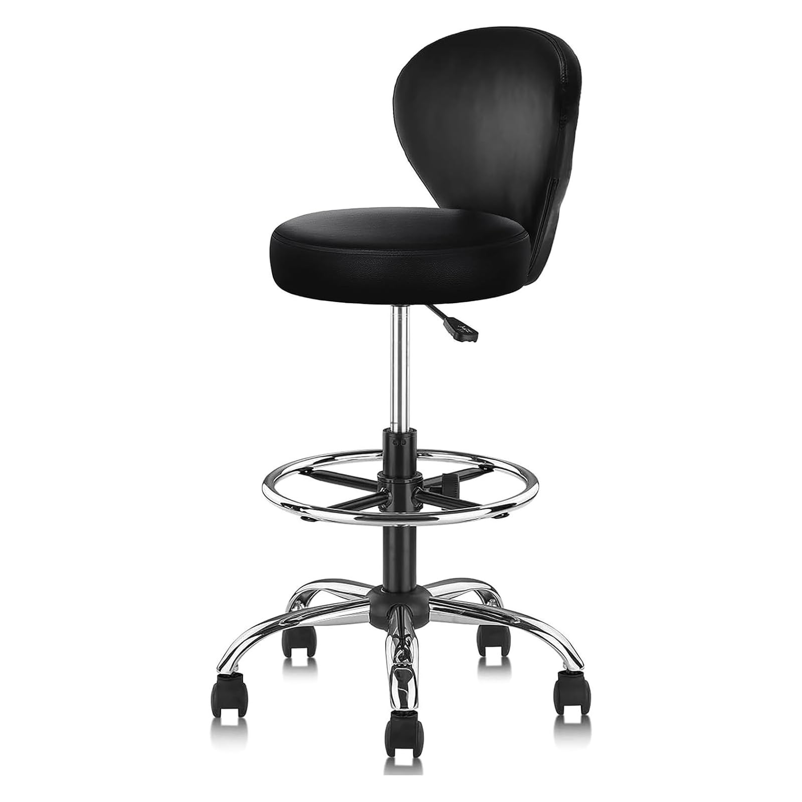 Black Drafting Chair Rolling Swivel Salon Seat Adjustable Height with Foot Rest