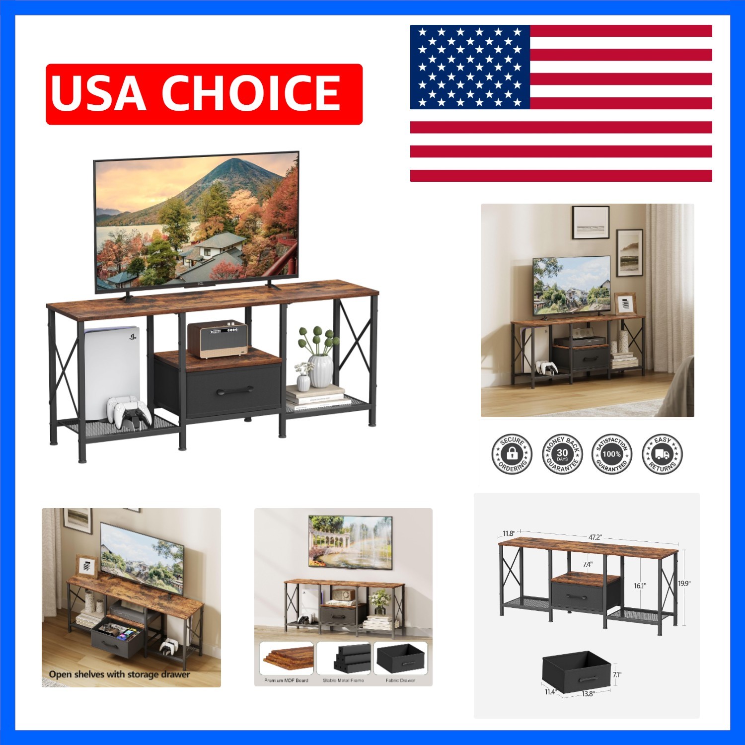 TV Stand with Fabric Drawer, Entertainment Center for 50 55 Inch TV, Industri…