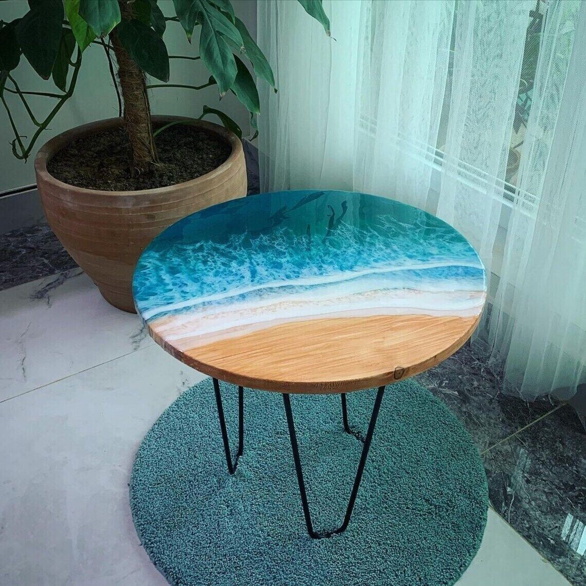 Round Ocean Wave Epoxy Resin Coffee Tea Table Top Acacia Wooden Resin Modern Art