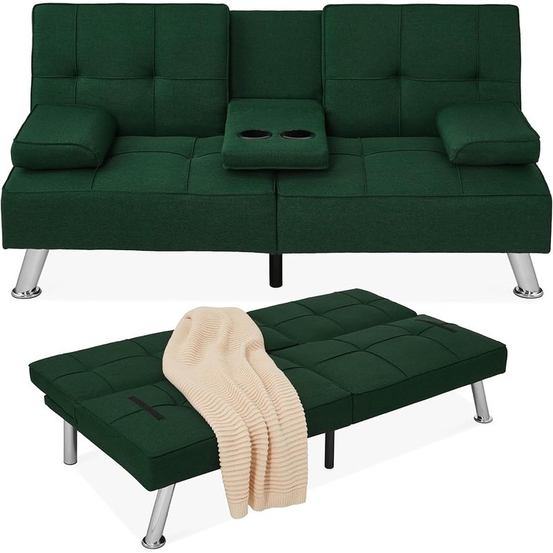 Convertible Futon Sofa Bed W/ Adjustable Backrest & Cupholders Small Spaces New