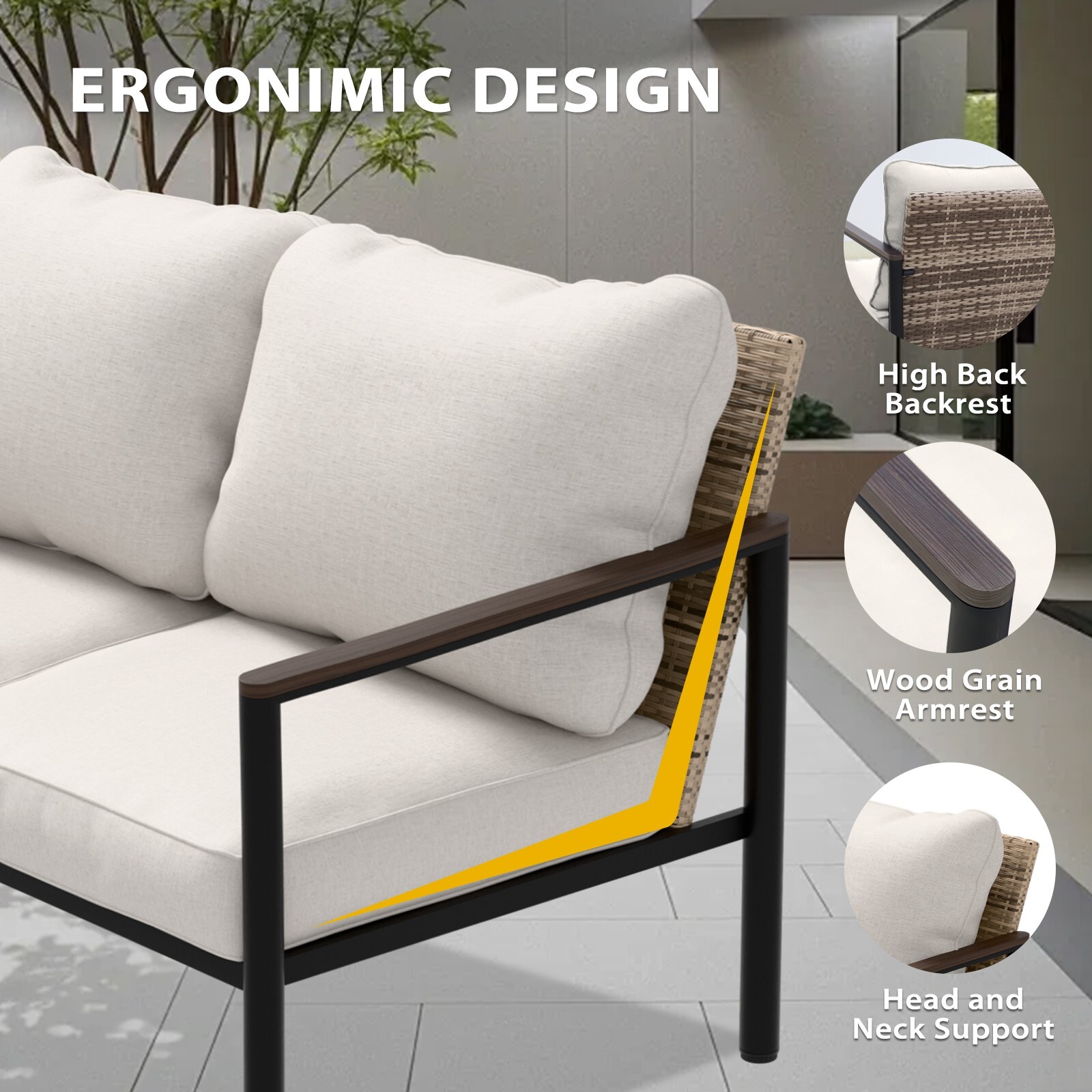 EAGLE PEAK Modern Outdoor Patio Furniture Couch 3 Seat Sofa