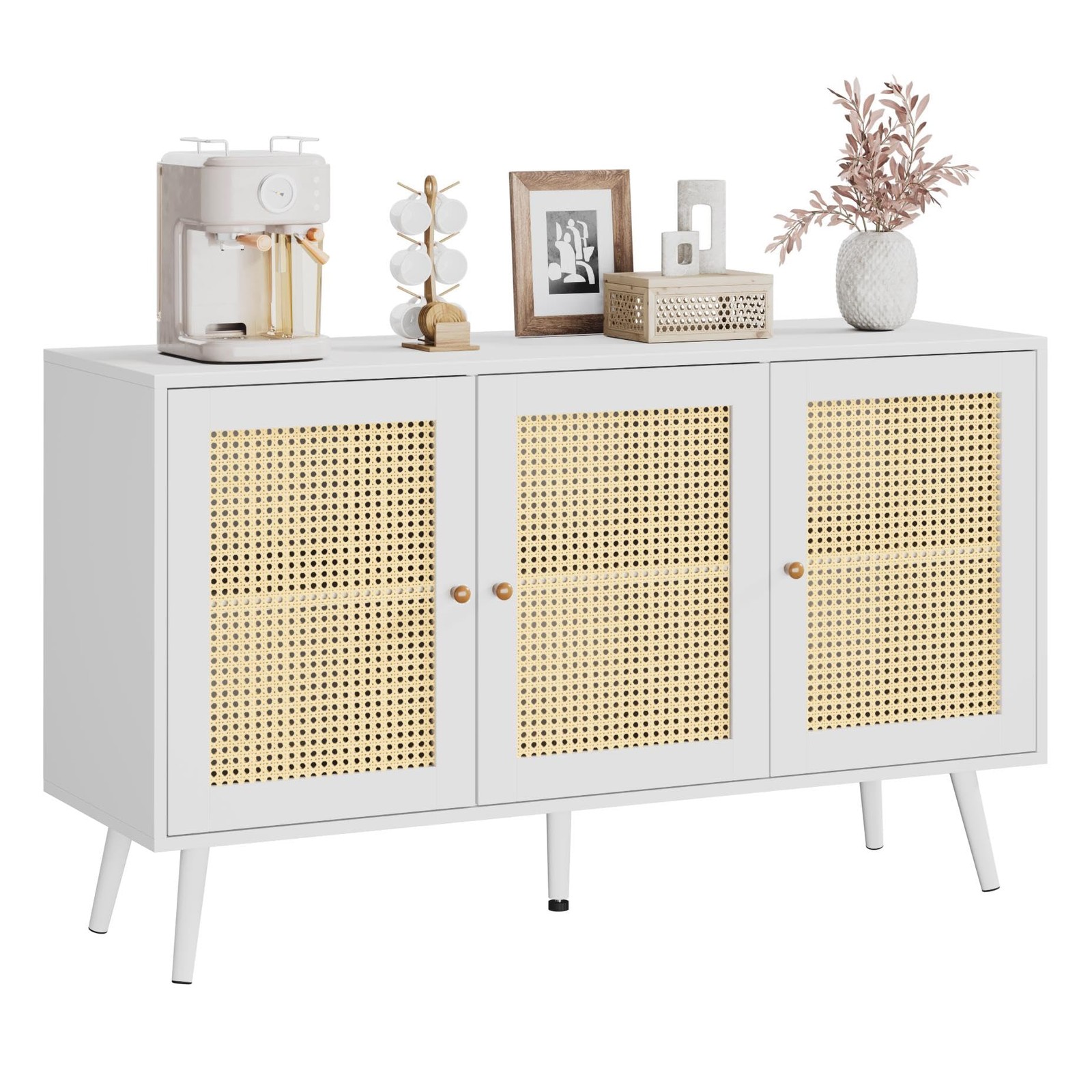 47.2″ Modern Rattan Buffet Storage Cabinet W/Adjustable Shelves & 3 Doors,Table