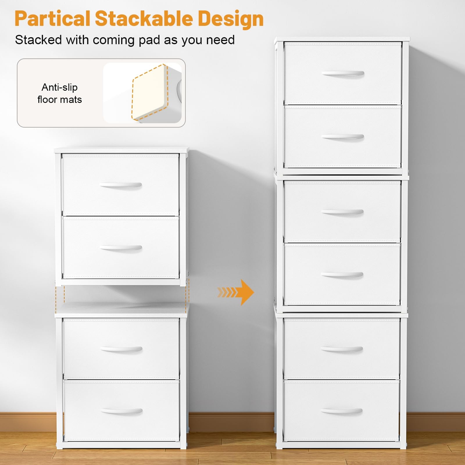 Stackable Storage Drawers, White Closet Organizer with Wooden Top & Metal Fra…