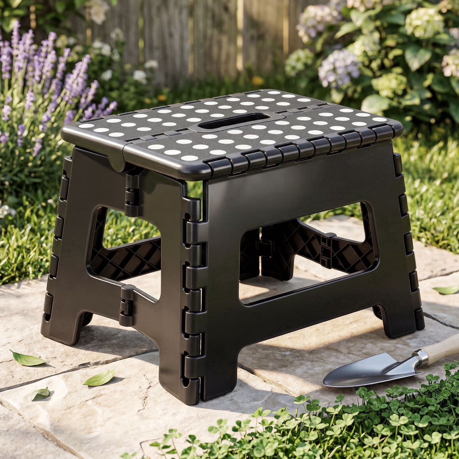 Folding Step Stool 9-Inch Anti-Slip Footstool 300 Lb Capacity Black Plastic