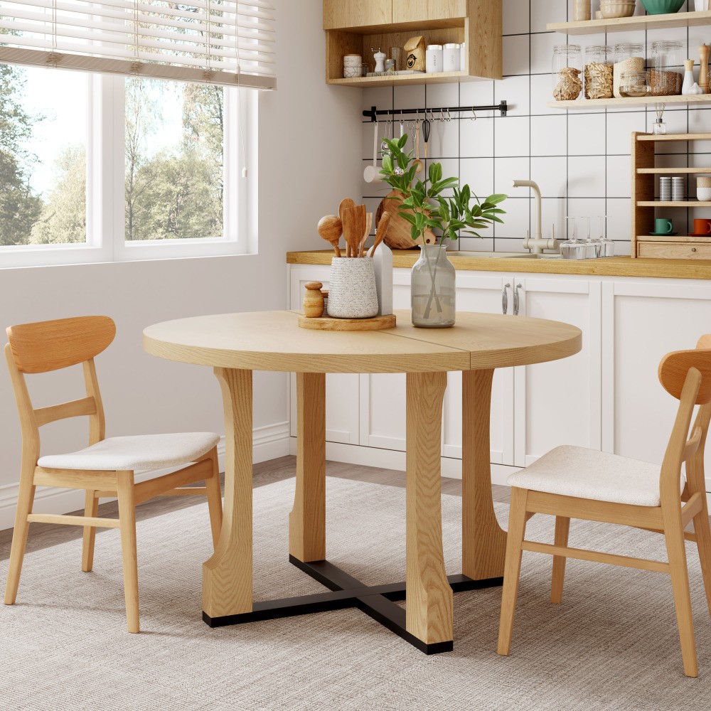 48″ Round Dining Table – Natural Ash Finish, Solid Wood & MDF, Pedestal Base,
