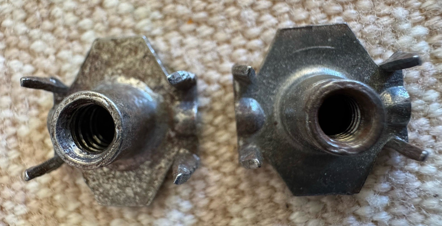 (2) VINTAGE 4 PRONG-TEE NUTS (T Nuts) FASTENER NUTS GREAT FOR ANTIQUE FURNITURE