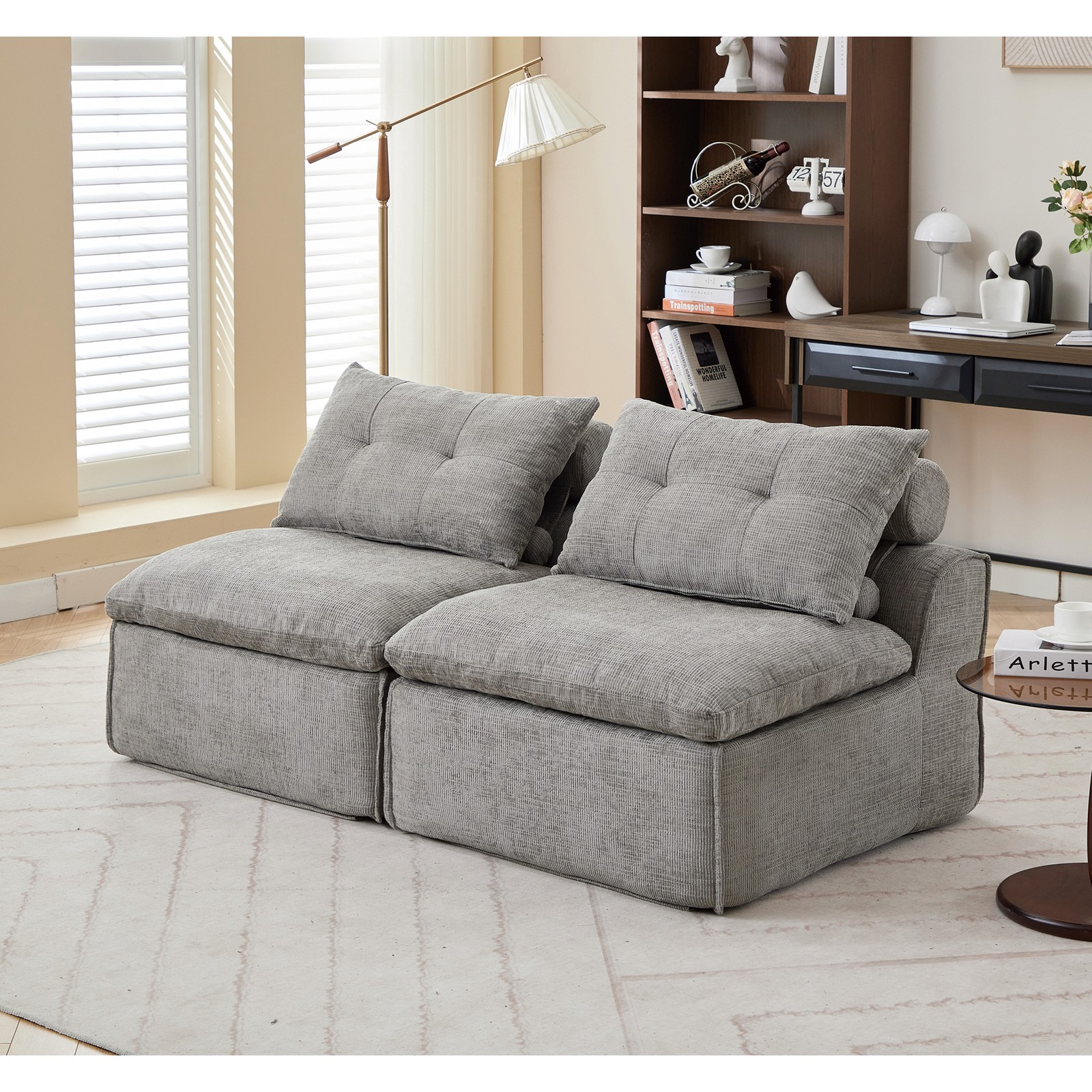 2-Seat Loveseat Sofa Chenille Neck Lumbar Pillow-Back Lounge Upholsted Couch 66″