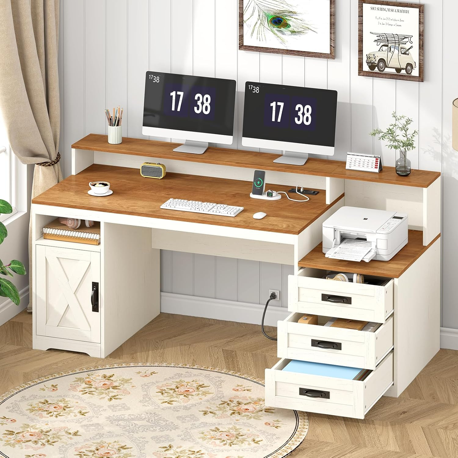 Farmhouse Computer Desk with Drawers, 65» Home Office Desk with Power Outlets,