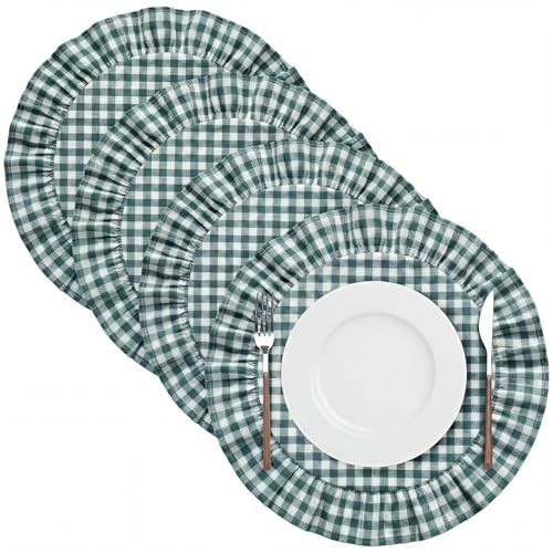 4 Pcs 15 Inch 100% Cotton Scalloped Round Placemats, Thin Dark Green Gingham