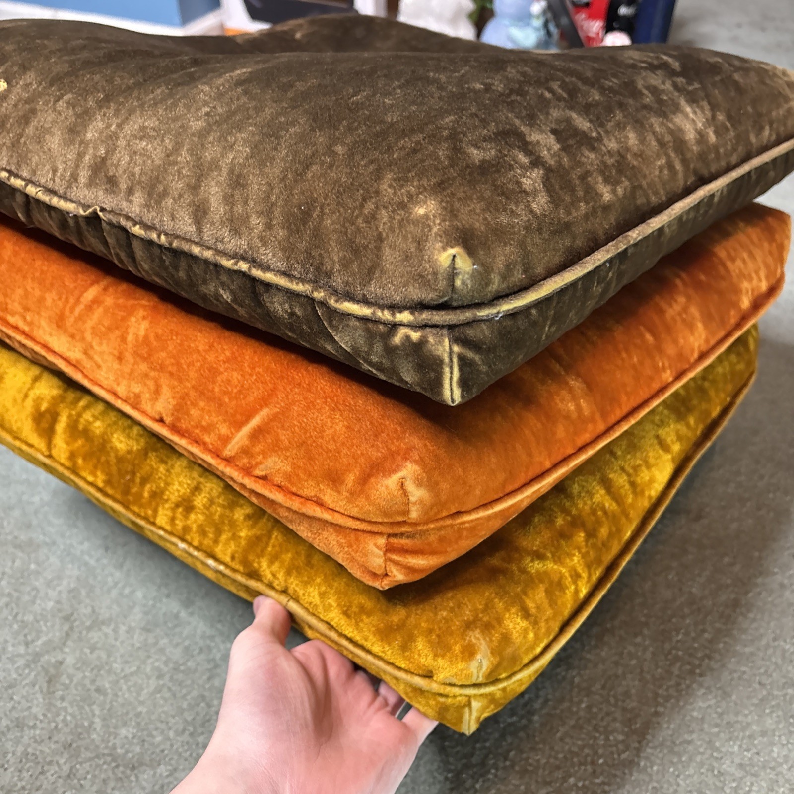 Vtg Mid Century Pillow Ottoman on Wheels Green Orange Gold Velvet Velour MCM