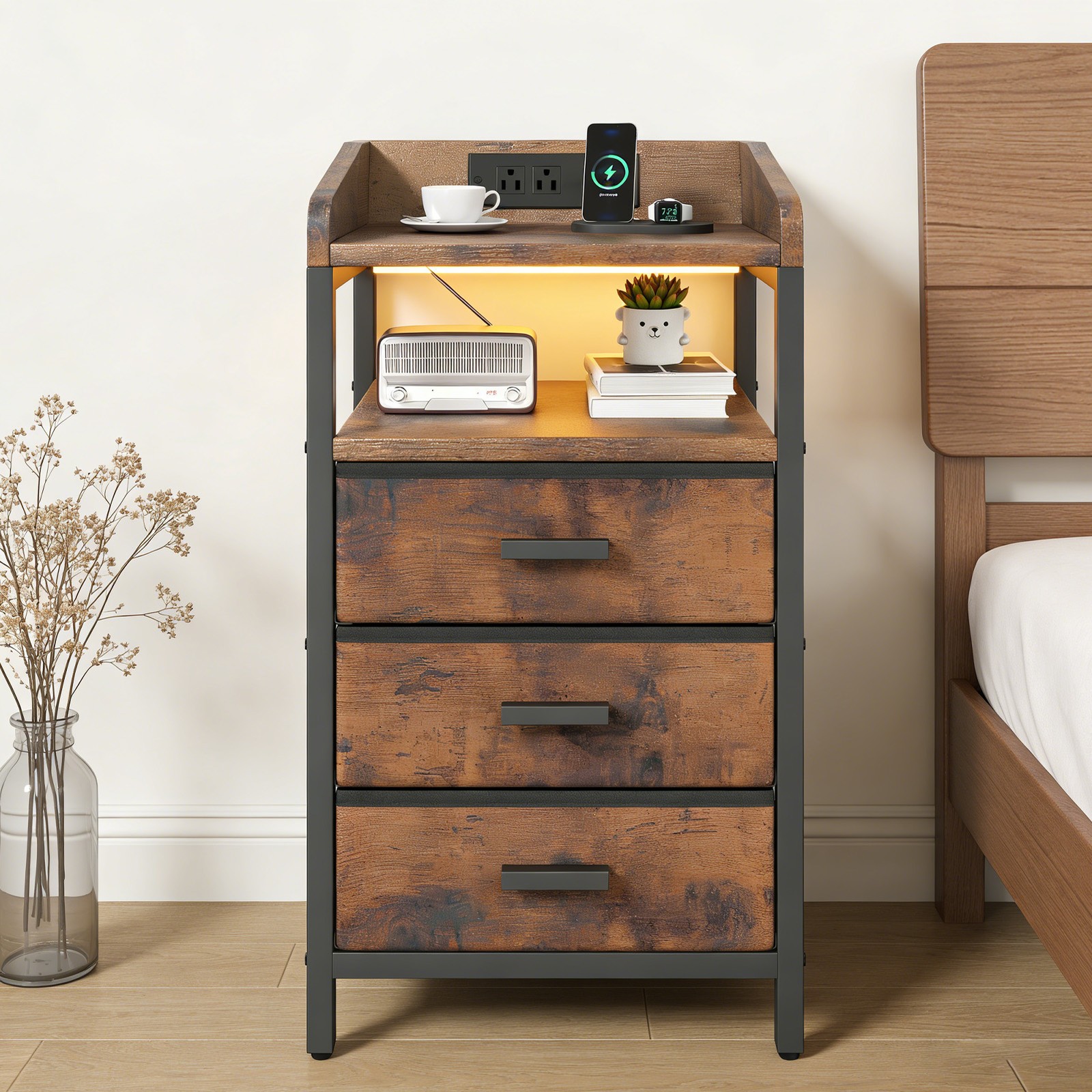 Rustic Brown Nightstand with Charging Station, 3 Fabric Drawers, Metal US