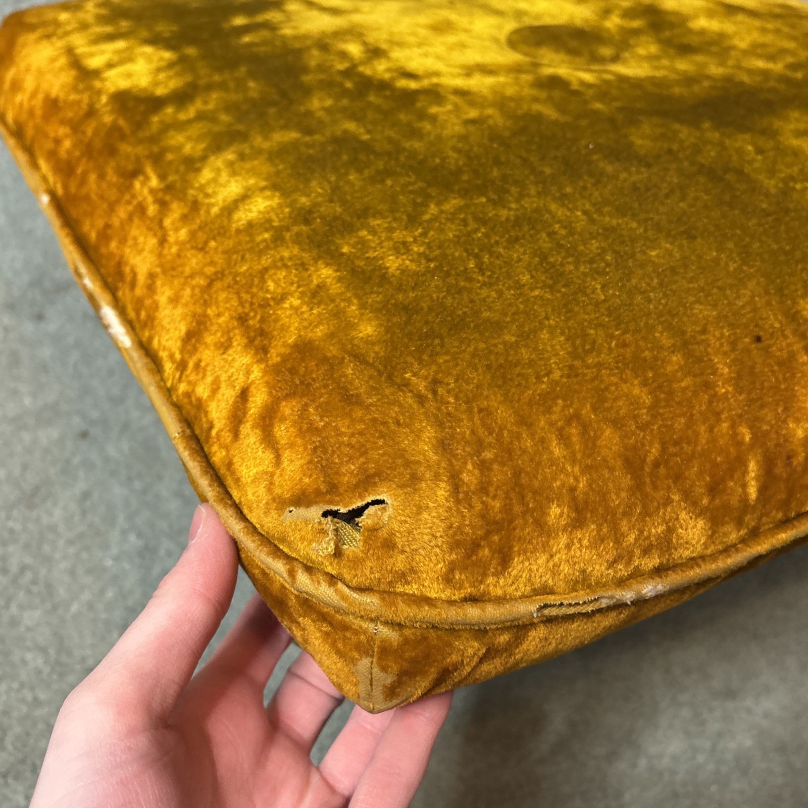 Vtg Mid Century Pillow Ottoman on Wheels Green Orange Gold Velvet Velour MCM