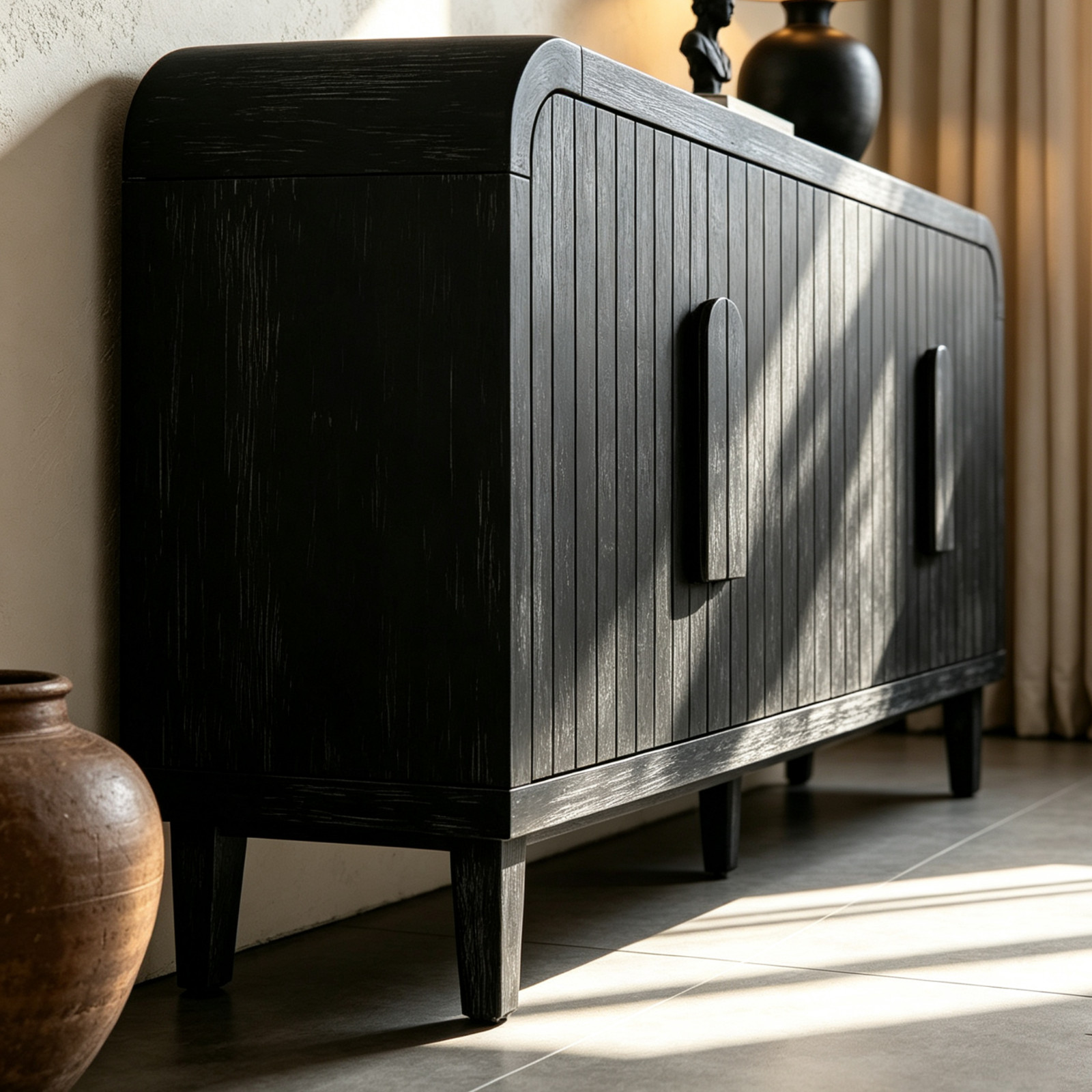 59» Farmhouse Curved Antique Black Sideboard Buffet Cabinet with 4 Fluted Doors