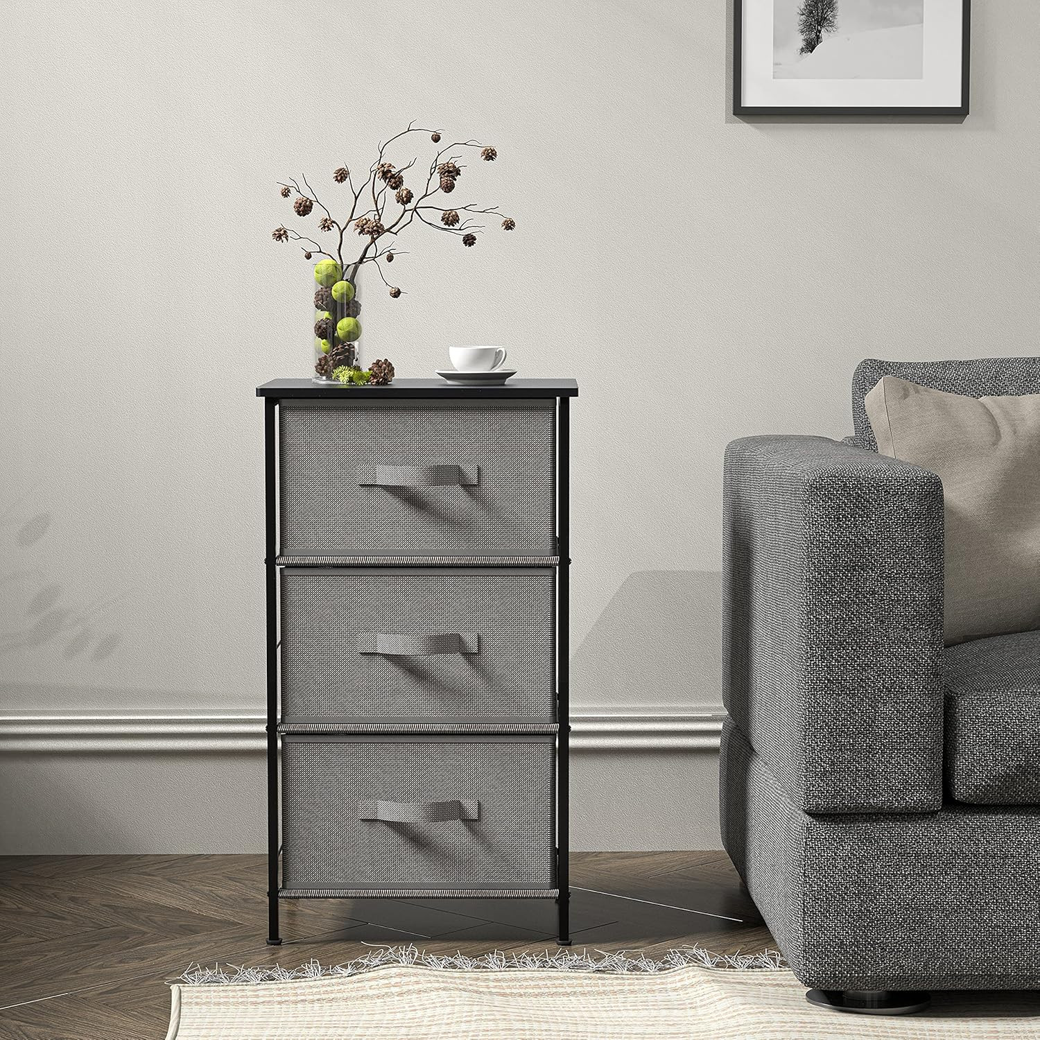 3 Drawer Nightstand Dresser with Wood Top, Dark Grey