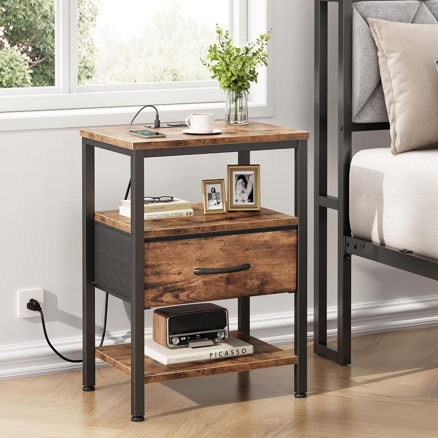 Nightstand with Charging Station&Fabric Drawer&Open Shelf,End Table Small Space