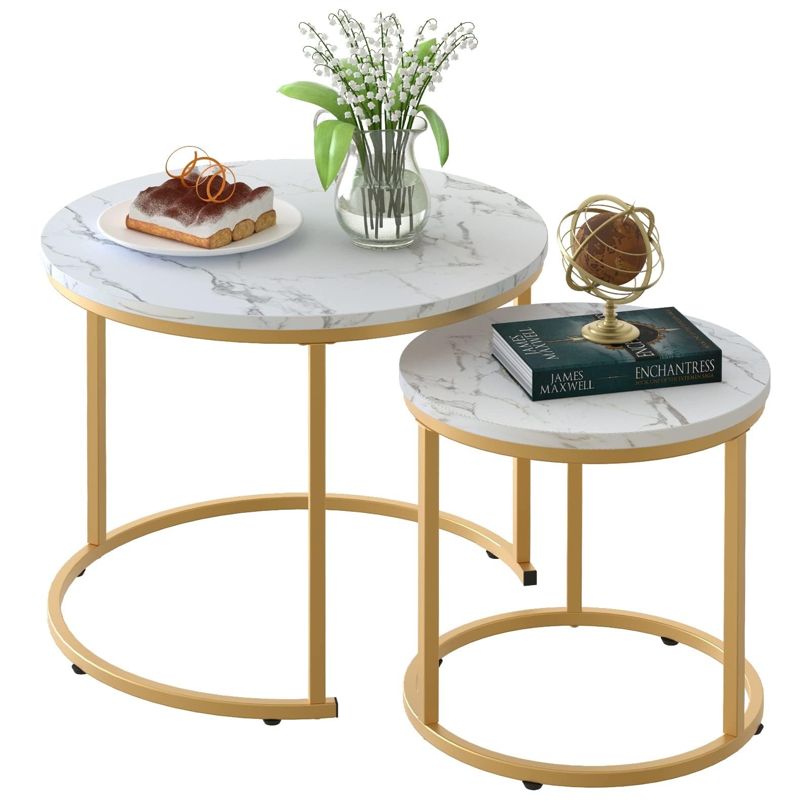 aboxoo Coffee Table Nesting White Set of 2 Side Set Golden Frame Circular and Ma